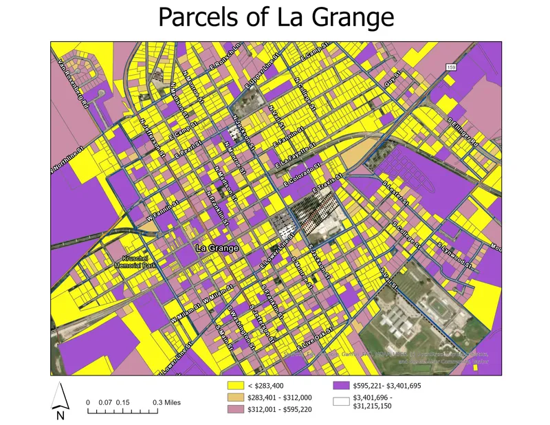 Thematic parcel map of La Grange, Texas, with a legend and north arrow