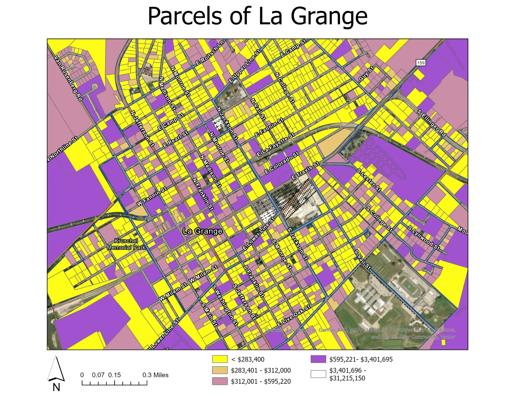 Thematic parcel map of La Grange, Texas, with a legend and north arrow